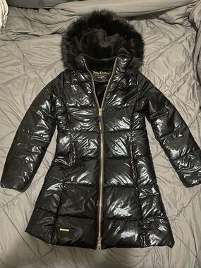 Juicy Couture Black Shiny Faux Fur Trim Puffer Coat